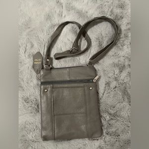 NWT, Leather Cross Body Purse. Grey